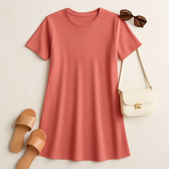 L.L. Bean Shift Dress Cotton Pink Coral Scoop Neck Short Sleeve Size LP - Picture 2 of 8